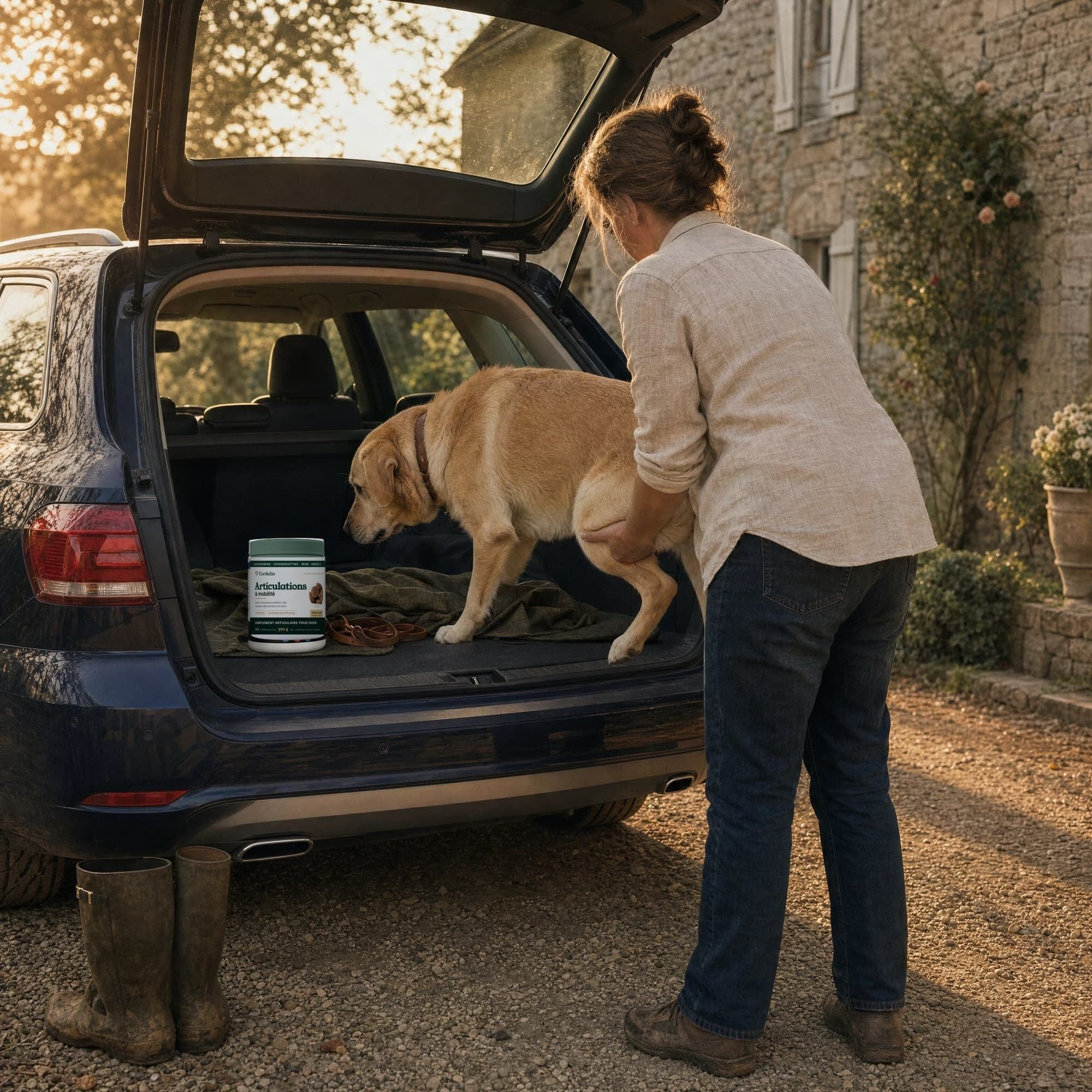 Une femme aide son chien à monter dans le coffre ouvert, le pot posé sur le plancher.
