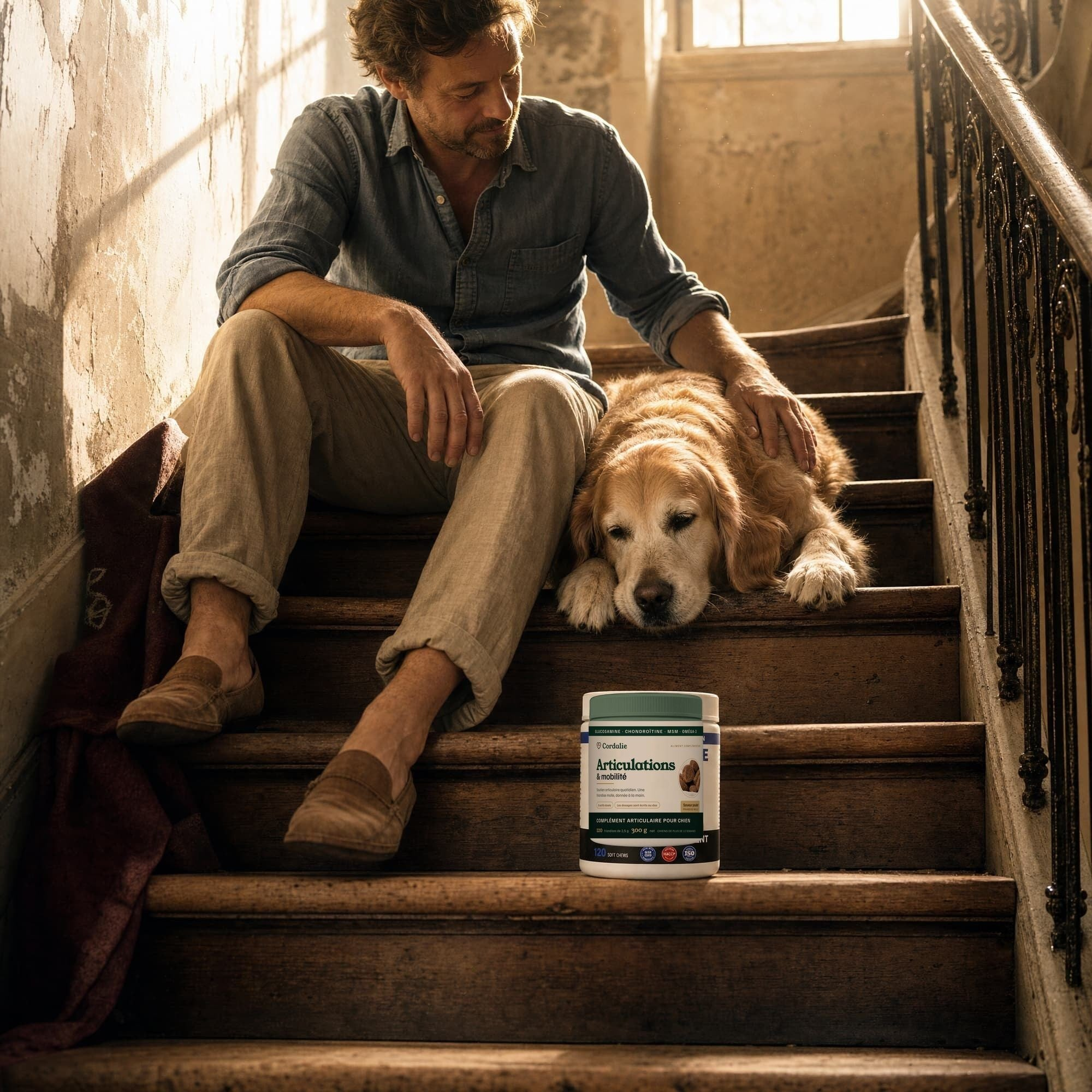 Un homme assis dans l'escalier, son chien vieillissant couché contre sa jambe, et le pot posé sur la marche.