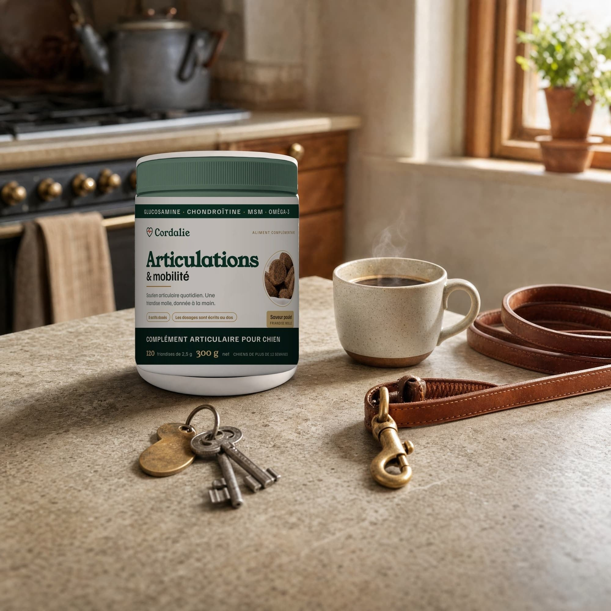 Le pot Cordalie sur un plan de travail de cuisine, à côté d'une tasse de café et d'une laisse.