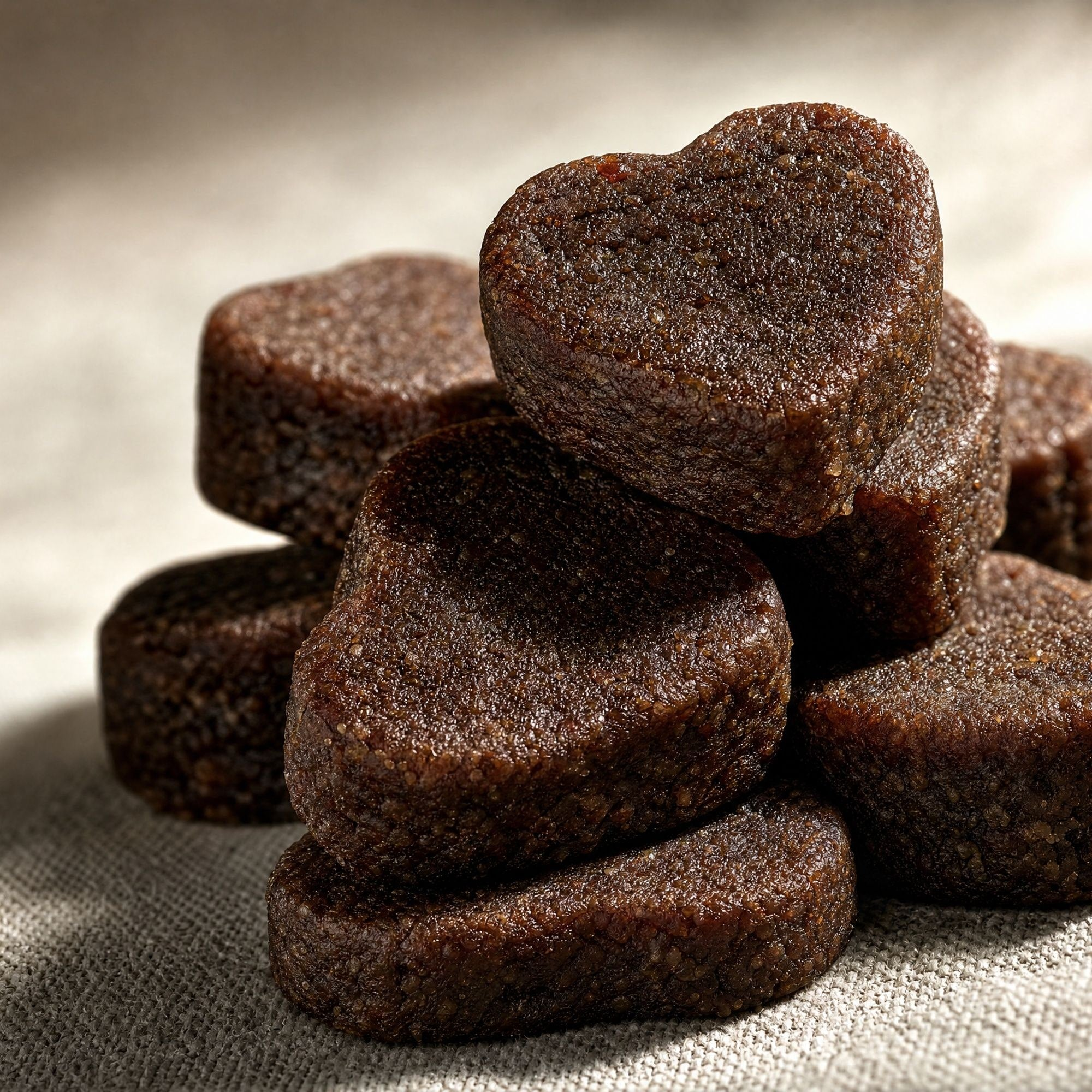 Gros plan des friandises en forme de cœur, brun foncé, texture granuleuse.