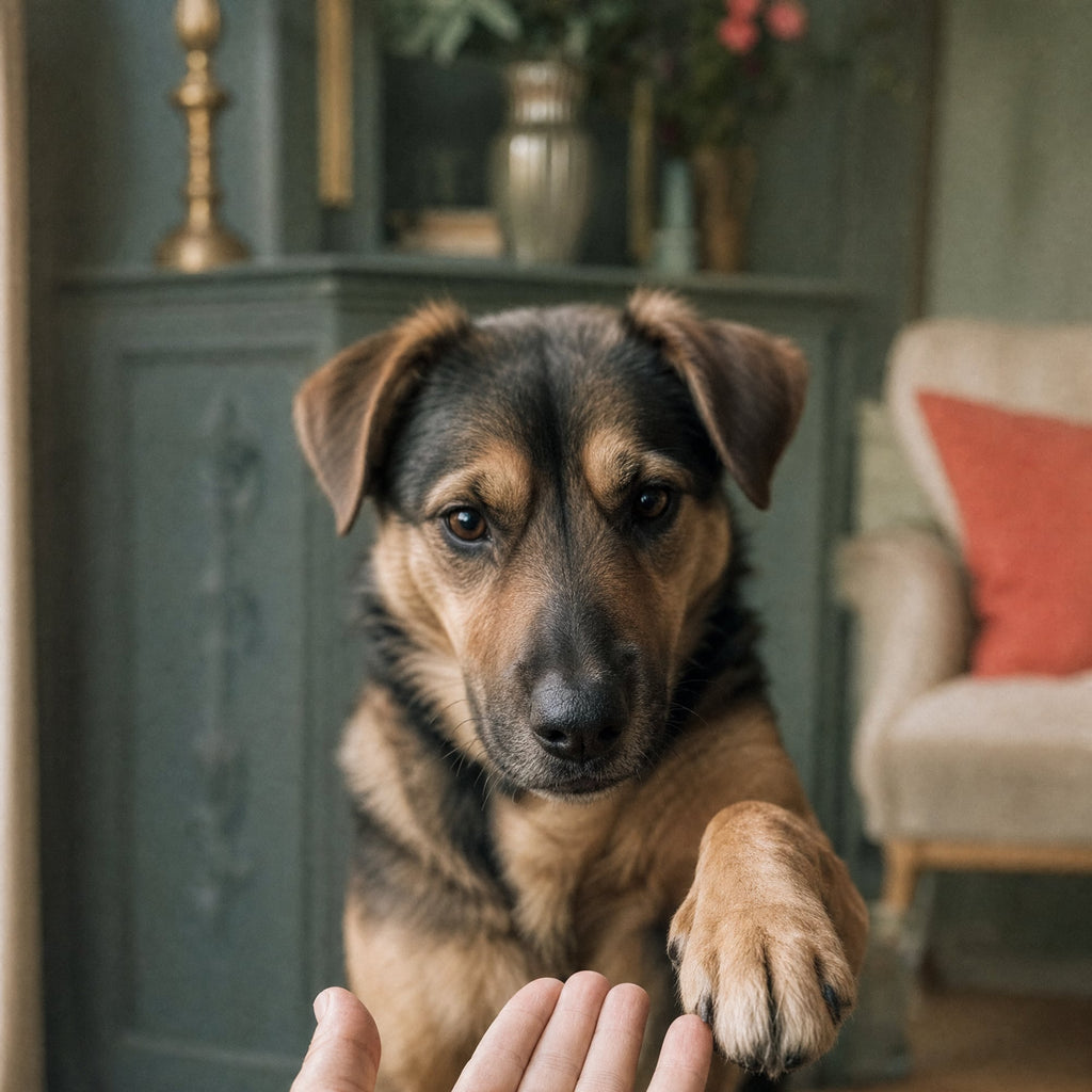 Une main tend une friandise à un chien croisé qui avance la patte pour la prendre.